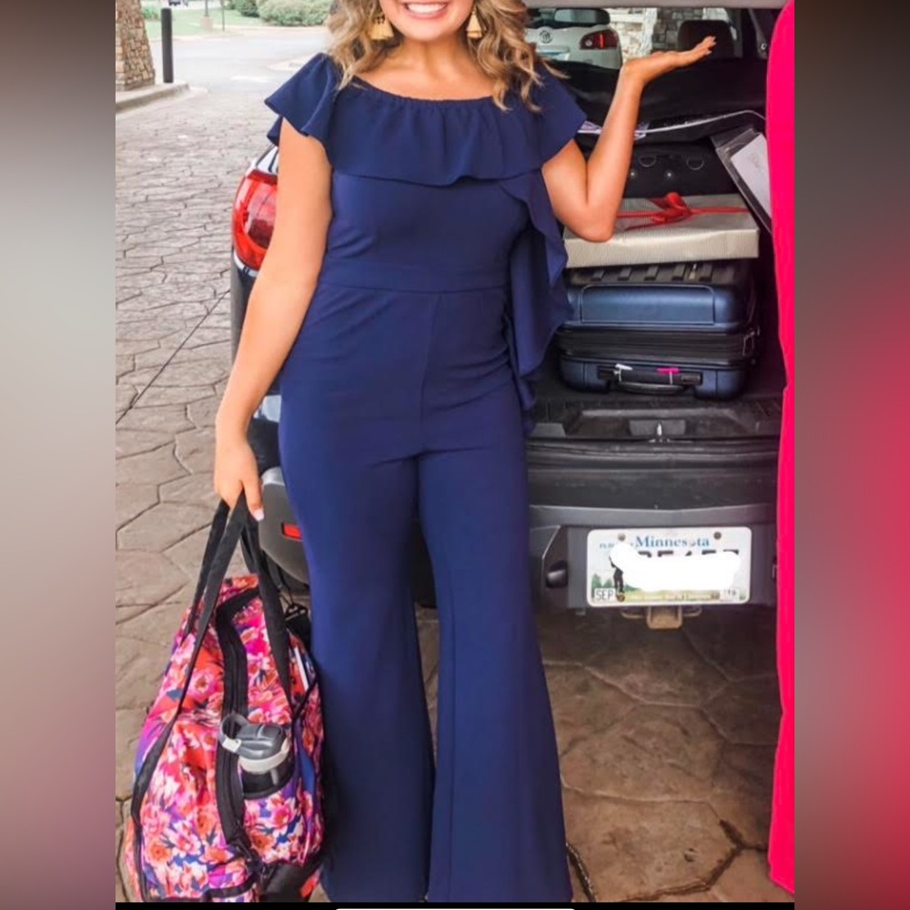 Jealous Tomato Blue Ruffle Off Shoulder Jumpsuit